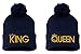 King & Queen, Pom Pom on Top Couple Matching, Warm & Stylish 12 inch Long Beanie When Unfolded