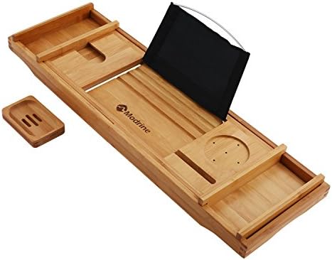 Modrine Expandable Bamboo Bathtub Caddy - Adjustable Wooden Serving Tray and Organizer for Any Size Bathtub - Phone and Tablet Compartments -Wine holder bathtub tray