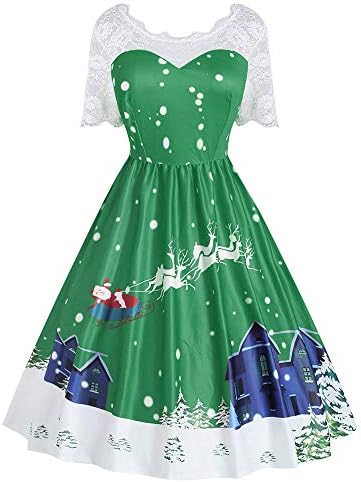 Woman Dress Jaminy Fashion Women Lace Vintage Christmas Print Sleeveless Swing Xmas Party Dress