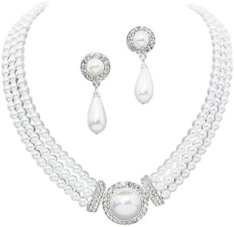 Elegant 3 Strand White Pearl on Silver Tone Drop Bridal Necklace Earring Set W7