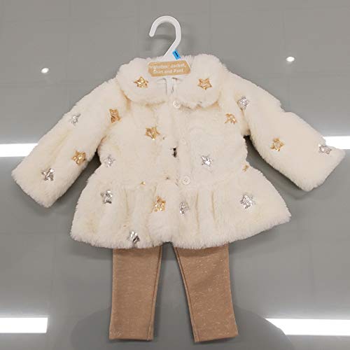 Fleece Fur Winter Coat Baby Girl 12-18 Months - Toddler Baby Girl Long Sleeve Outfit Sets with Peplum Top Dress, Leggings 3 Piece Set (White Coat Set, 12 Months)