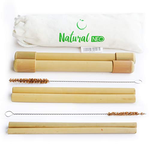 Organic Reusable Bamboo Straws with Coconut Fiber Brush 20cm 8" & 2 Handcrafted Travel Cases with Bag | Drinking Biodegradable for Kids & Adult | Eco-Friendly Natural Alternative to Plastic NATURALNEO