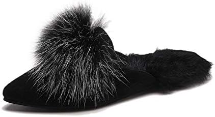 hkto TShirt Double Belt Warm Plush Slippers Rabbit Hair Pointed Toe Slides Flats Hair Ball Loafers Cross-Tied Women Winter Shoes