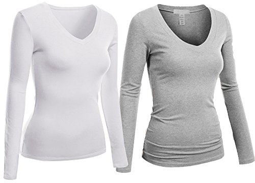 Hollywood Star Fashion Women's Long Sleeve V-Neck Tee Tank Top Shirt, 2 Pack - White, H Gray, XXX-Large