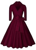 Miusol Women's Deep-V Neck Half Sleeve Bow Belt Vintage Classical Casual Swing Dress (Medium, Wine)