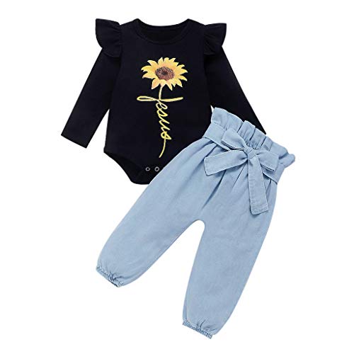 Little Story 0M-24M Children's Solid Color Long-Sleeved Cartoon Sunflower Print Hakama + Bow Trousers Set Infant Baby Kids Black