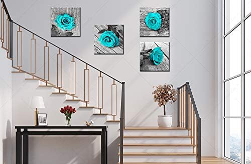 Amazon Com Jiazugo Turquoise Bathroom Pictures Wall Decor Black And White Floral Canvas Artwork Painting Teal Rose For Bedroom Living Room Decorations Valentine S Day 20x20 X4 Stretched And Framed Ready To Hang Posters