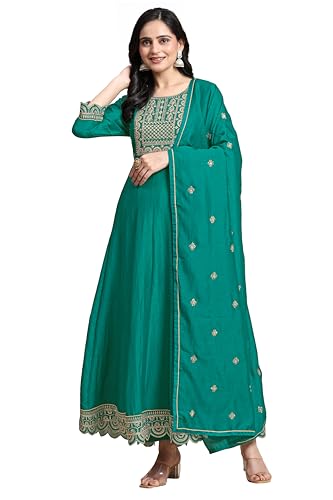 TRENDMALLS Damen Kunst Seide Stickerei Salwar Anzug Set A Linie Plissee Kurta Hose mit Dupatta, türkis, S