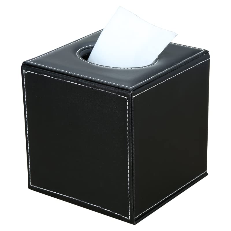 GORESE Leather Cube Square Tissue Box Cover Holder (Black)