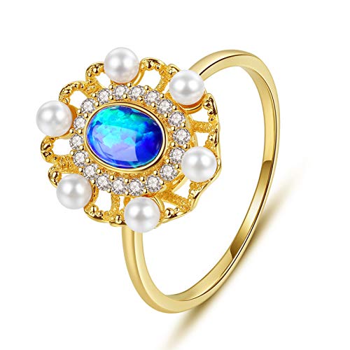 VIKI LYNN - Anello con opale blu con perle di conchiglia, placcato oro 18 K, anello di fidanzamento da donna