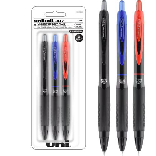uniball 307 Retractable Gel Pens, Micro Point (0.5mm), Assorted, 3