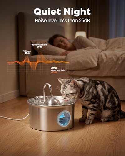 Stainless Steel Cat Fountain: Water Fountain for Cats – 2.6 L – Stainless Steel Cat Fountains – Ultra Quiet Dog Water Dispenser – Easy to Clean – with 8 Filters + 8 Sponges