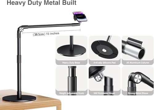 elitehood Overhead Phone Mount with Heavy Duty Base, Height Adjustable Phone Stand for Filming, 38cm Long Arm iPhone Holder for Video Recording, Overhead Tripod for iPhone 15 14 13, Android Cell Phone