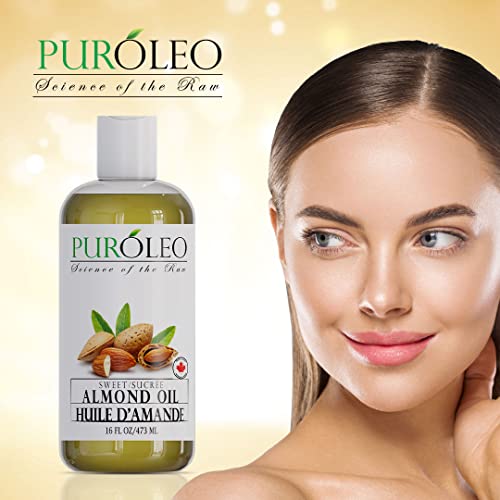 PUROLEO SWEET ALMOND OIL 16 FL OZ/473 ML (PACKED IN CANADA) PURE ALMOND OIL FOR SKIN, HAIR, & BODY | ORGANIC CARRIER OIL & BODY OILS FOR WOMEN | ALMOND BUTTER HAIR OIL, BODY OIL, BABY OIL