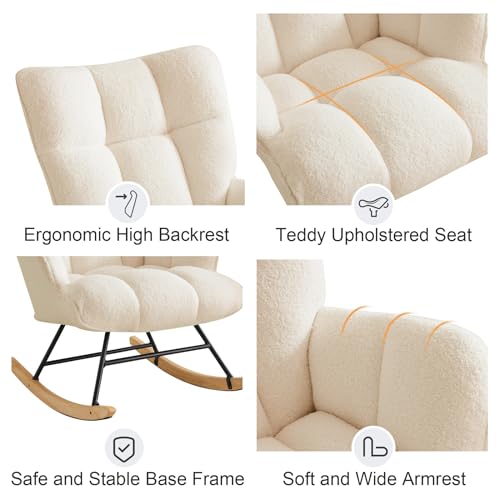Zedachica Rocking Chair Nursery Teddy Rocking Accent Chair Upholstered Glider Rocker Armchair Comfy Side Chair Padded Seat with High Back for Living Room Bedroom Offices (Ivory)