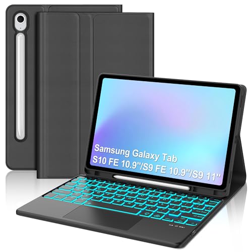 Keyboard Case for Samsung Galaxy Tab S10 FE/ S9 FE 5G 10.9 Inch/ S9/S8/S7 11 Inch, 7 Colors Backlit, Magnetic Detachable Wireless Bluetooth Touchpad Keyboard Cover with S-Pen Holder, Black by KVAGO - Used condition - US$17.80