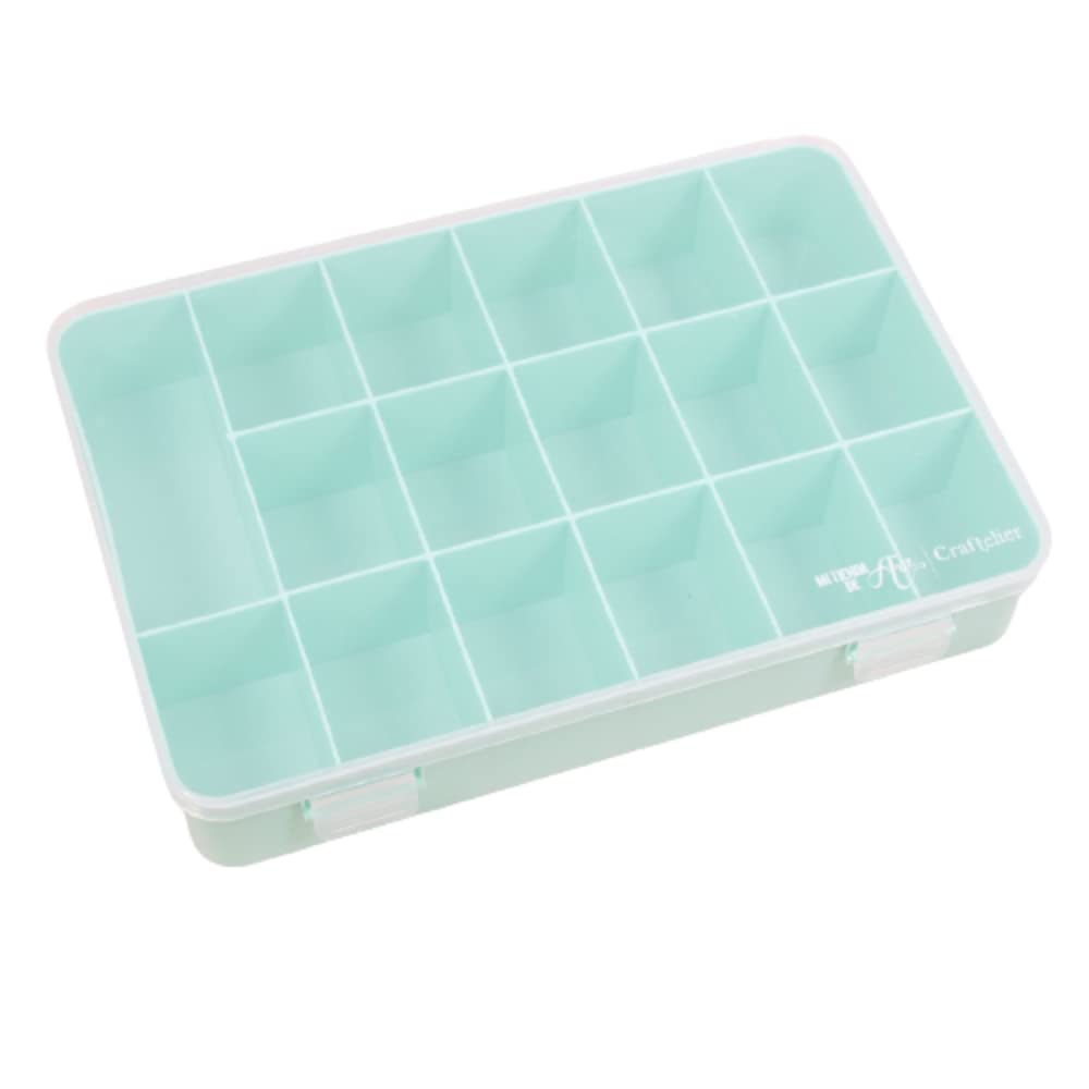 Craftelier - Organizer Box with 17 Compartments for Card Materials, Scrapbooking and Crafts | Dimensions 26.5 x 17.8 x 4.2 cm (10.4 x 7 x 1.65 inches) - Clear and Turquoise