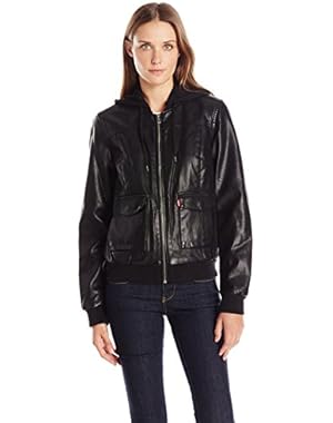 Women's Faux-Leather Bomber Jacket with Jersey Knit Hood