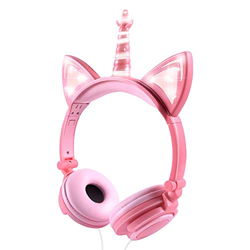 LOBKIN Cuffie unicorno per bambini/ragazze, orecchie di gatto luminose con LED, cuffie cablate regolabili con volume 85dB per tablet/giocattoli/PC/TV/telefono (rosa)