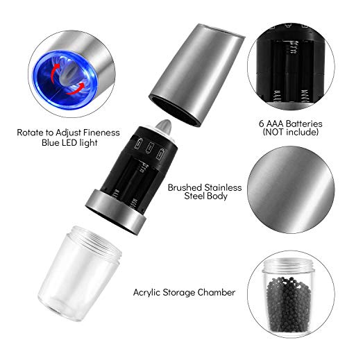 Electric Gravity Pepper Grinder Set, Automatic One-Hand Operated Salt And Pepper Grinder Set, Adjustable Coarseness Refillable Salt Grinders With LED Light(Set of 2), Silver