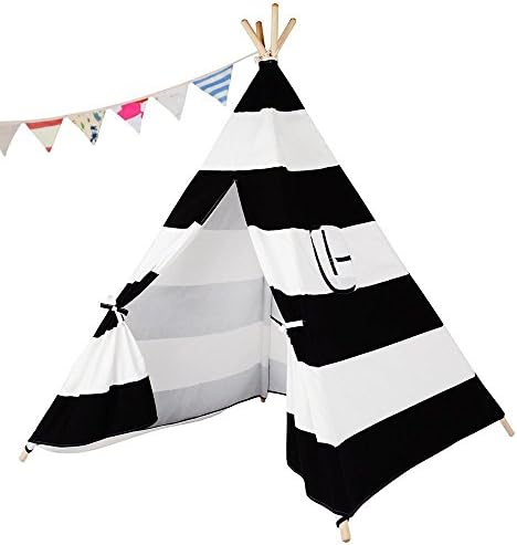 Petit Bella Kids India Teepee Tent Children Play Tent Canvas Canopy Play House Indoor Outdoor Camping One Window Preassemble Portable Cotton 8 Poles Stripe Black&amp; White
