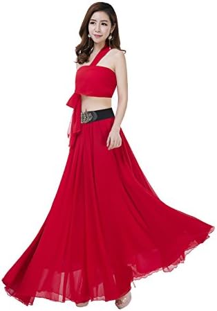 Sissily Women Summer Chiffon High Waist Pleated Big Hem Full/Ankle Length Beach Maxi Skirt(6XL/Red)