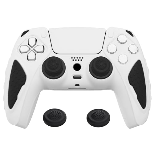 PlayVital Knight Edition White & Black Two Tone Anti-Slip Silicone Cover Skin for ps5 Controller, Soft Rubber Case for ps5 Wireless Controller with Thumb Grip Caps