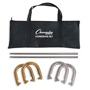 Champion Sports Horseshoe Set: Traditional Outdoor Lawn Game includes Four Professional Solid Steel Horseshoes with…