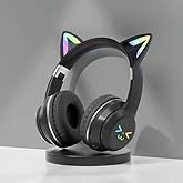 TSKVT Cat Ear Bluetooth Headphones for Kids, Wireless Foldable Headphones with Microphone, LED Light Up Over Ear Headphones with Mic, for Home Office CellphoneiPhone/iPad/Laptop/PC (Black)