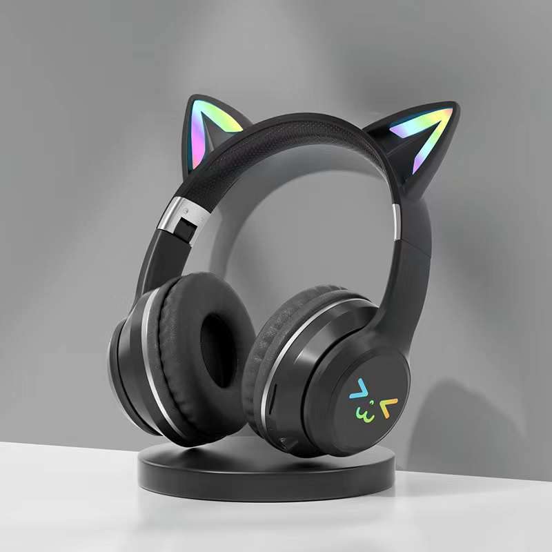 Photo 1 of TSKVT Cat Ear Bluetooth Headphones for Kids, Wireless Foldable Headphones with Microphone, LED Light Up Over Ear Headphones with Mic, for Home Office CellphoneiPhone/iPad/Laptop/PC (Black)