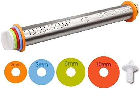Rolling Pin（17 in） Adjustable Stainless Steel Rolling Pins Dough Roller with 4 Removable Adjustable Thickness Rings for Kitchen Bakers & Cooks for Pasta, Cookie Dough, Pastry, Bakery, Pizza, Kids&Chil
