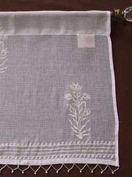 Saffron Marigold - Tulip Mist - White Cream Floral Hand Printed - Sheer Cotton Window Valance Curtain - Rod Pocket - (46 x 17 inches)