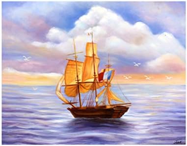 Dzhan - Hand-painted Wall Art Start Sailing Oil Paintings on Canvas Wall Decorations Modern Landscape Picture Back with Hooks Ready to Hang for Home Decor