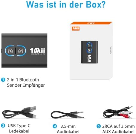 ML300 Bluetooth 5.3 Adapter für TV und Kopfhörer, 2-in-1 Sender Empfänger, Bluetooth Transmitter mit Dual Link, aptX Adaptive/HD Low Latency, 3,5mm Klinke AUX für Stereoanlage