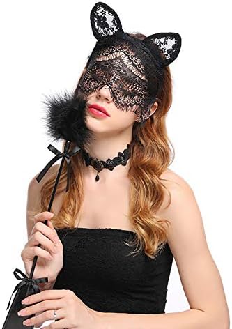 soAR9opeoF Fashion Sexy Headband, Women Headband Lace Cat Ears Veil Black Eye Mask Party Headwear Black