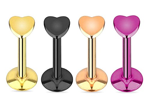 (4pcs) Heart Flat Top Titanium Plated Internally Threaded Labret Monroe Lip Rings 16G
