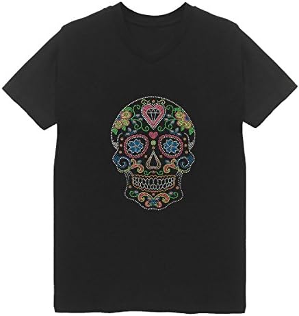 Sugar Skull Rhinestone V Neck Plus Size Unisex Bling Bling Top (2X-Large)