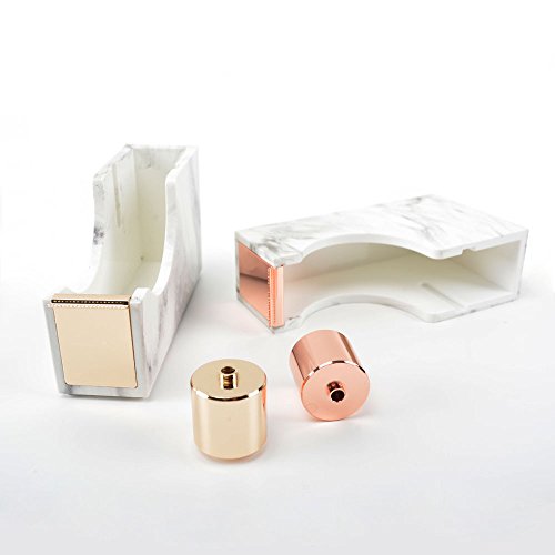 MultiBey Desktop Tape Dispenser Gold Rose Gold Metal Core Marble White Texture Office Supplies 1" (Rose Gold)