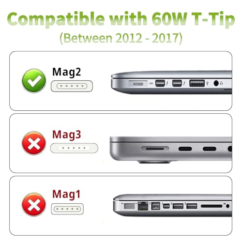 Mac Book Pro Charger 60W Mag 2 T-Tip for Mac Book Pro/Air 11/13'' 2012-2017 | Mag-netic 2 Charger 6.6FT Compatible with Old Mac Book Air/Pro A1425, A1502, A1465, A1466 Applicable to 2012-2017 (Not 2018+)