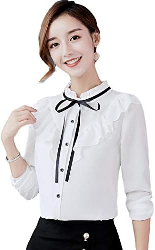 MIOIM Women's Solid Elegant Office Shirts Bow Tie V Neck Long Sleeve Layered Chiffon Blouse