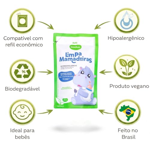 Detergente Limpa Mamadeiras Kit 3 Refis, Sachê 500ml - Vegano, Hipoalergênico, Origem Vegetal,Lava Utensílios Bebê, Chupeta, Copo, Remove Cheiro Leite, Biodegradável | Limpa Mamadeiras - Bioclub