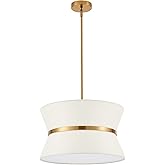 ELYCCUPA Modern Chandelier with Off-White Fabric Shade and Brass Finished Adjustable Pendant Light for Kitchen Island Living 