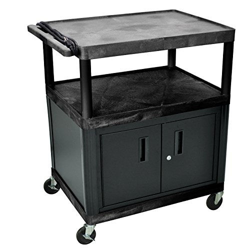 DMD AV Cart 3 Shelf Presentation Station with Storage Cabinet and 3-Outlet Electric Assembly, 40 Inch, Black
