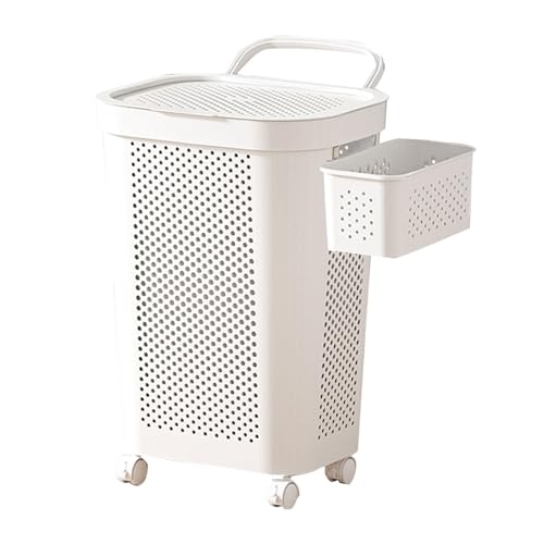 SLEEPHEAD®Laundry Basket with Wheels, Hand-Held Laundry Basket with Lid, Plastic Laundry Hamper Storage Bucket with Mini Basket, for Kitchen Bedroom Bathroom Closet(White) (white)