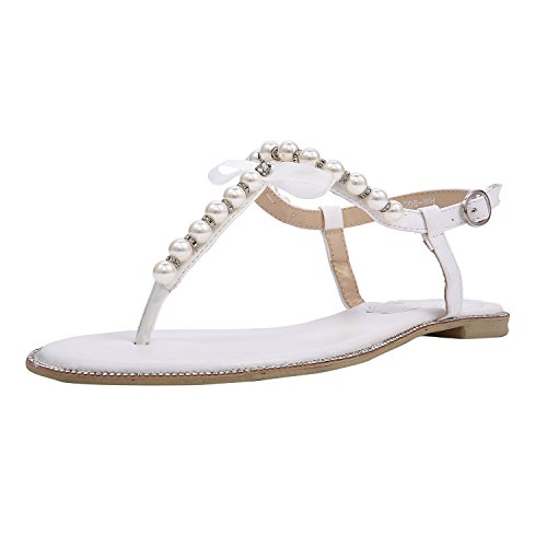 SheSole-Womens-Pearl-T-Strap-Bridal-White-Flat-Sandals-Beach-Wedding-Shoes