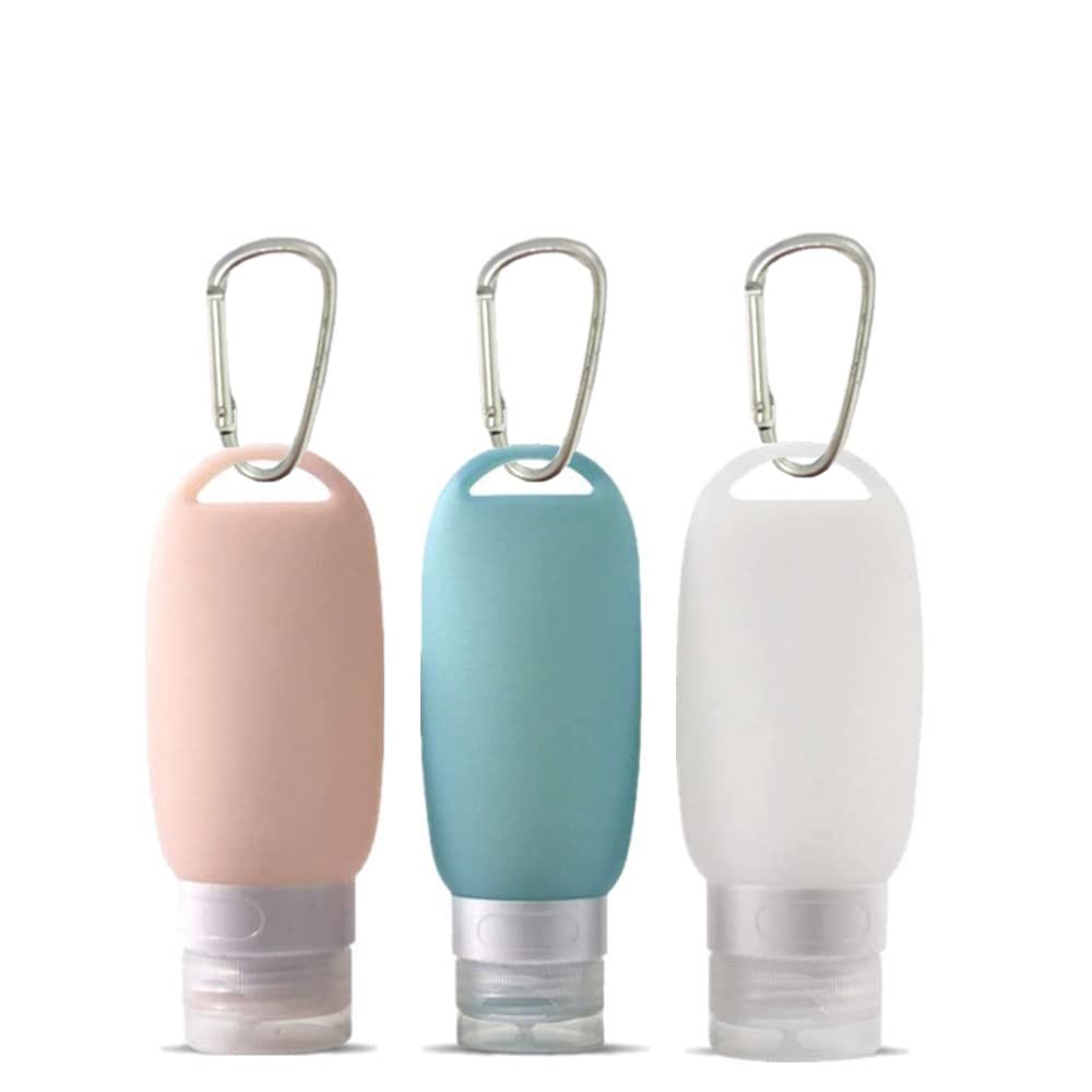 Voarge Portable Empty Silicone Bottles, Silicone Refillable Travel Bottles with Carabiner for Travel, Outdoor Activities, School, Pack of 3, Multicoloured, 60 ml