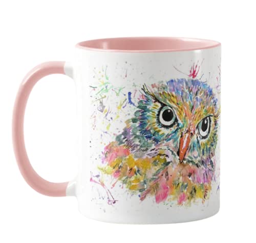 Vixar Owl Watercolour Rainbow Art Coloured Mug Cup, Gift, Birthday, Work, Office, Christmas Tea Coffee (Pink)