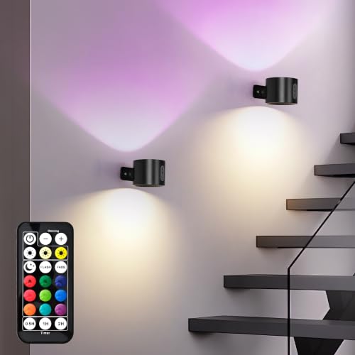 LuminexDesigns 2-Pack Rechargeable LED Wall Light, Wireless No-Drill RGB Lamp Black, Stick-On Indoor Cordless Sconce with Touch Dimming & Remote Control Timing for Bedside Bedroom Picture AURI WL01