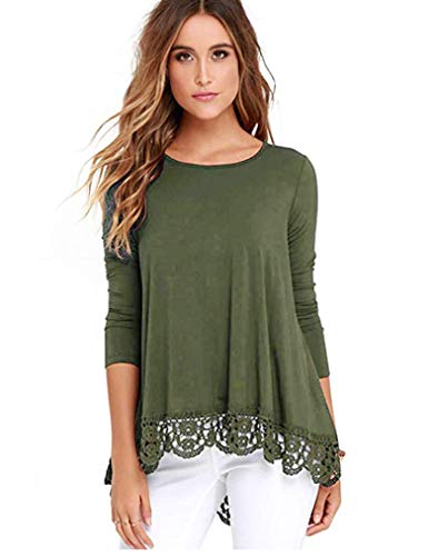 Qearal Women's Tops Long Sleeve Lace Trim O-Neck A-Line Tunic Tops Loose Casual Shirt(Army Green XXL)