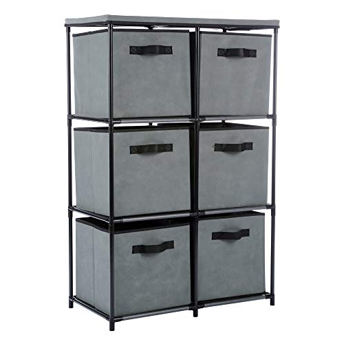 Function Home 6 Drawer Storage Organizer, Fabric Chest Cabinet, 3 Tier Metal Shelves with 6 Non-Woven Collapsible Bins, Organizer Tower Unit for Storing Clothing Documents Books Towels in Grey